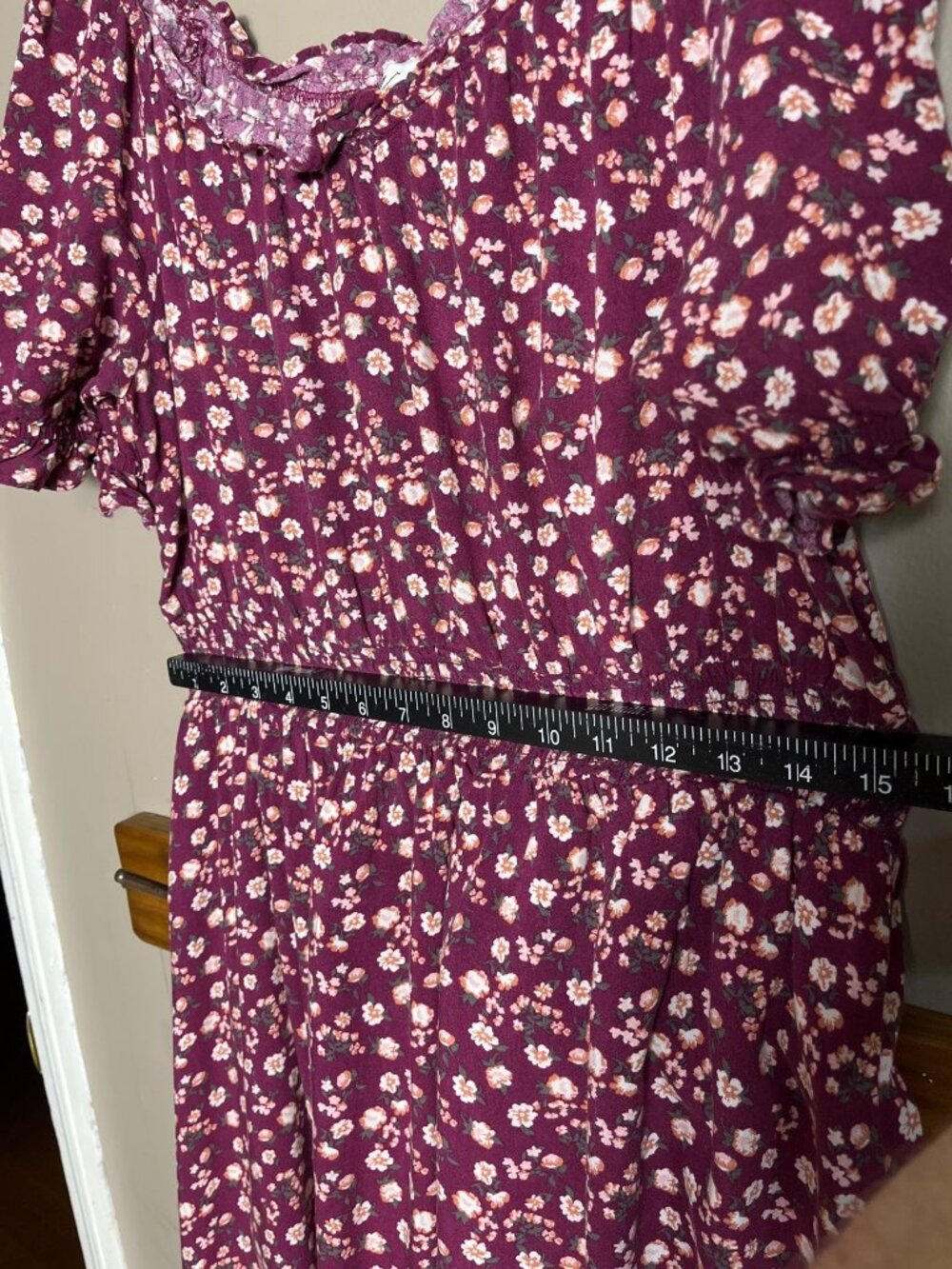 Burgundy Ditsy Floral Dress Boho Peasant Midi Milkmaid Casual Smocked Wom 1X - Picture 6 of 10